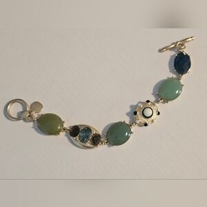 Gold Tone Blue & Green Gem Statement Bracelet W/ Toggle Closure- NEW